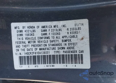 2014 Honda Accord Ex-L from USA, damaged, VIN 1HGCR2F81EA138001